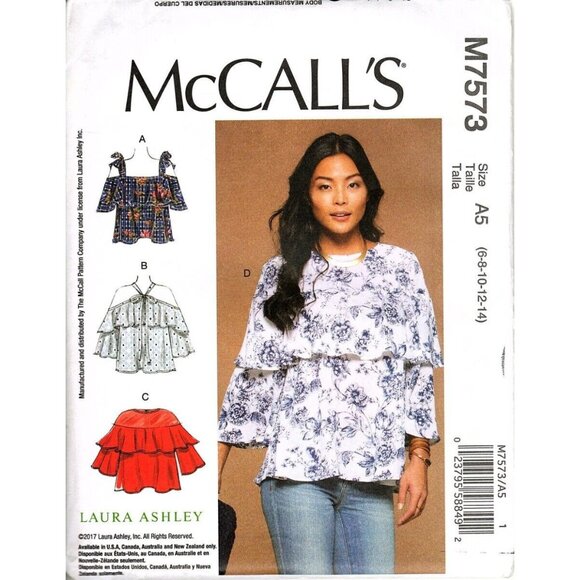 McCall's M7573 Misses 6 to 14 Laura Ashley Tops and Tunics Uncut Sewing Pattern - Picture 1 of 2